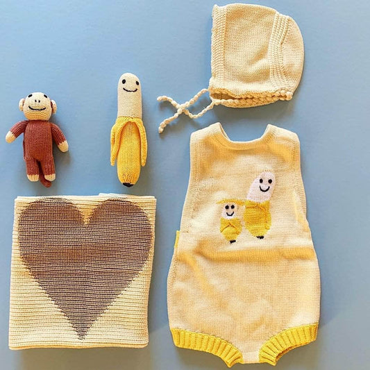 Organic Baby Gift Set | Banana Knit Romper, Lovey, Hat & Toys by Estella