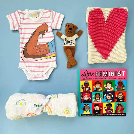 Organic Baby Gift Set | 'Girl Power' Onesie, Toy Bear, 'Little feminist' Book & Blankets by Estella