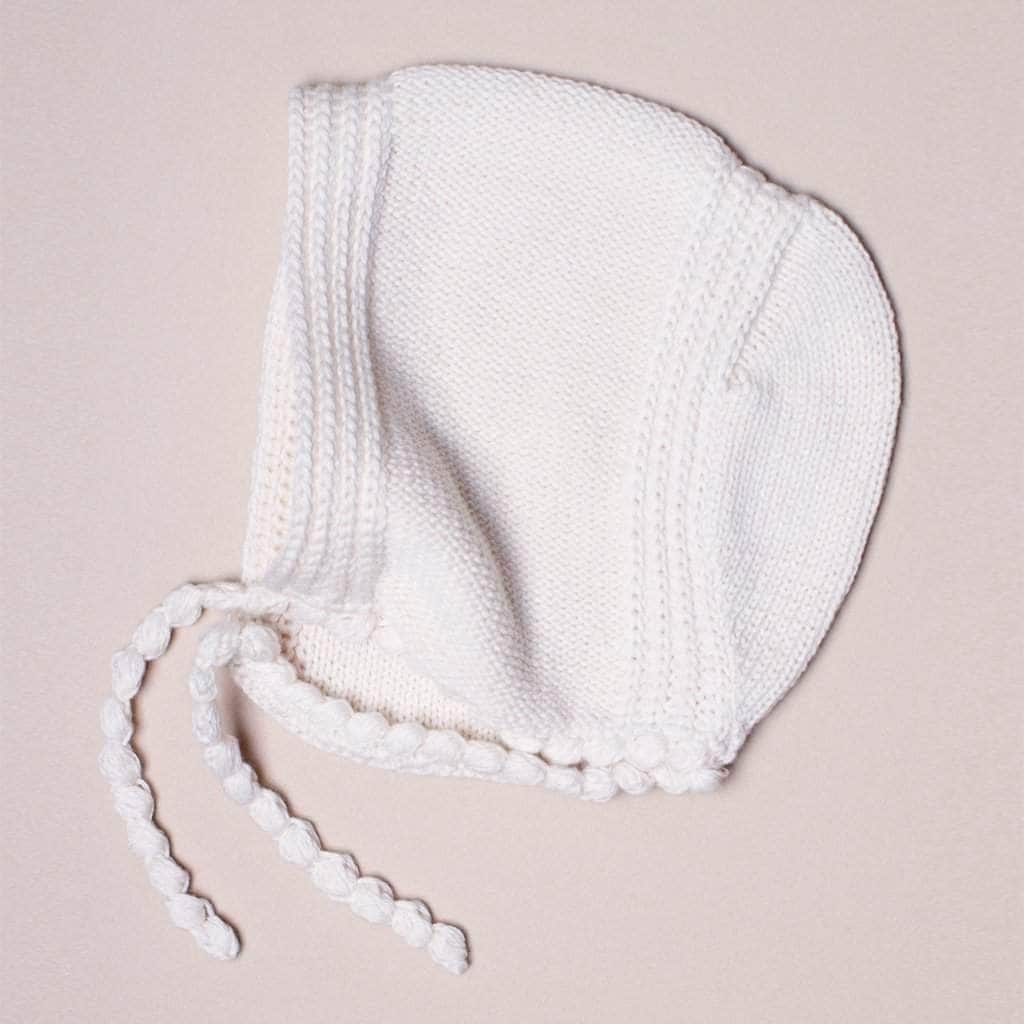 Organic Baby Gift Set - Hand Knit Pretzel Romper, Bonnet Rattle Toy by Estella