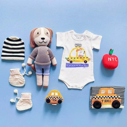 Organic Baby Gift Set - New York Taxi Onesie, NYC Rattle Toys, Knit Doll and Blanket, Baby Hat | Apple, Taxi and Dog by Estella