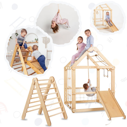 Indoor Wooden Playhouse with Triangle ladder, Slide Board and Swings by Goodevas