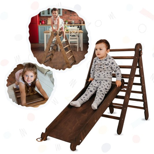 2in1 Montessori Climbing Frame Set: Triangle Ladder + Slide Board/Ramp – Chocolate by Goodevas - Mothership Milk