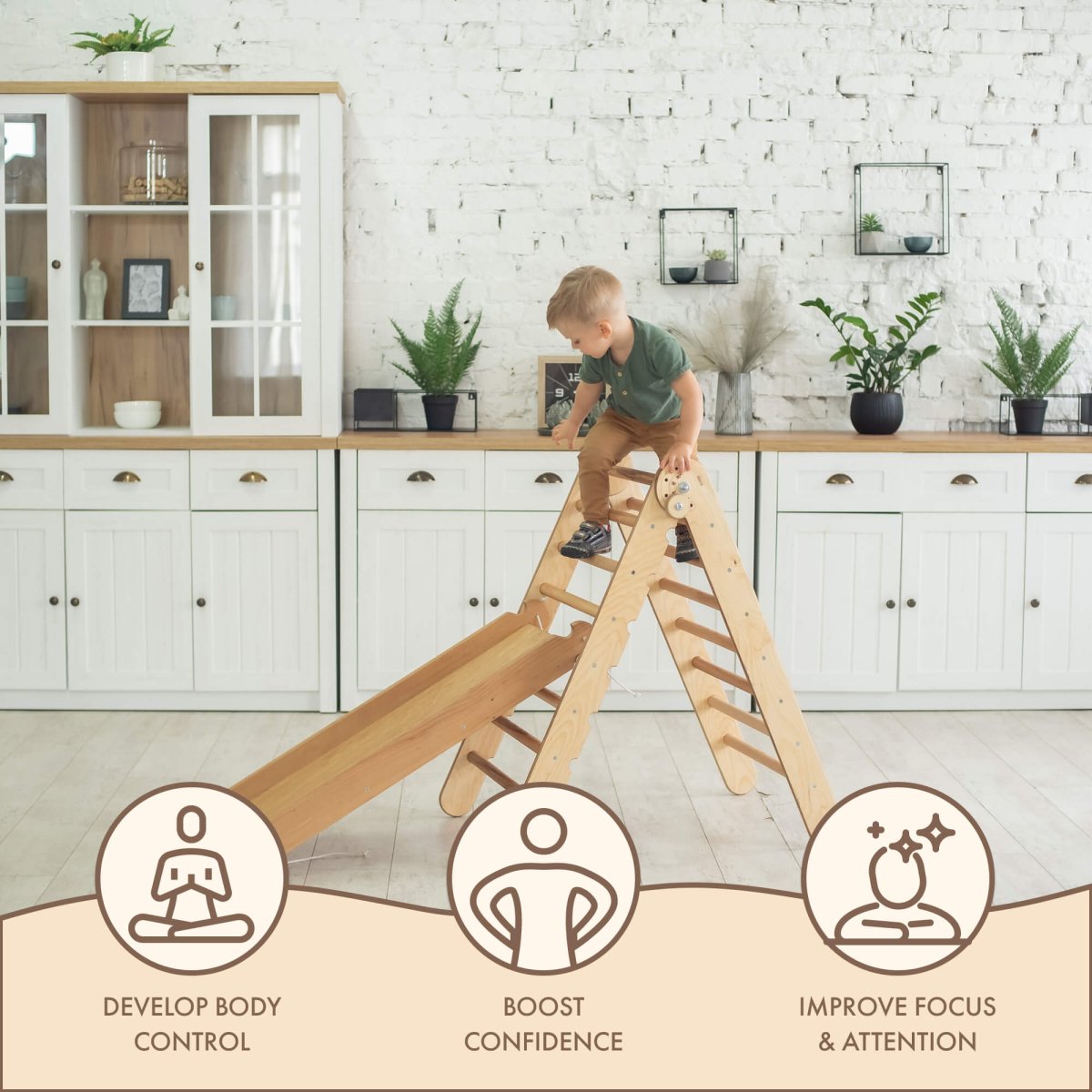 2in1 Montessori Climbing Set: Triangle Ladder + Slide Board/Ramp – Beige by Goodevas - Mothership Milk