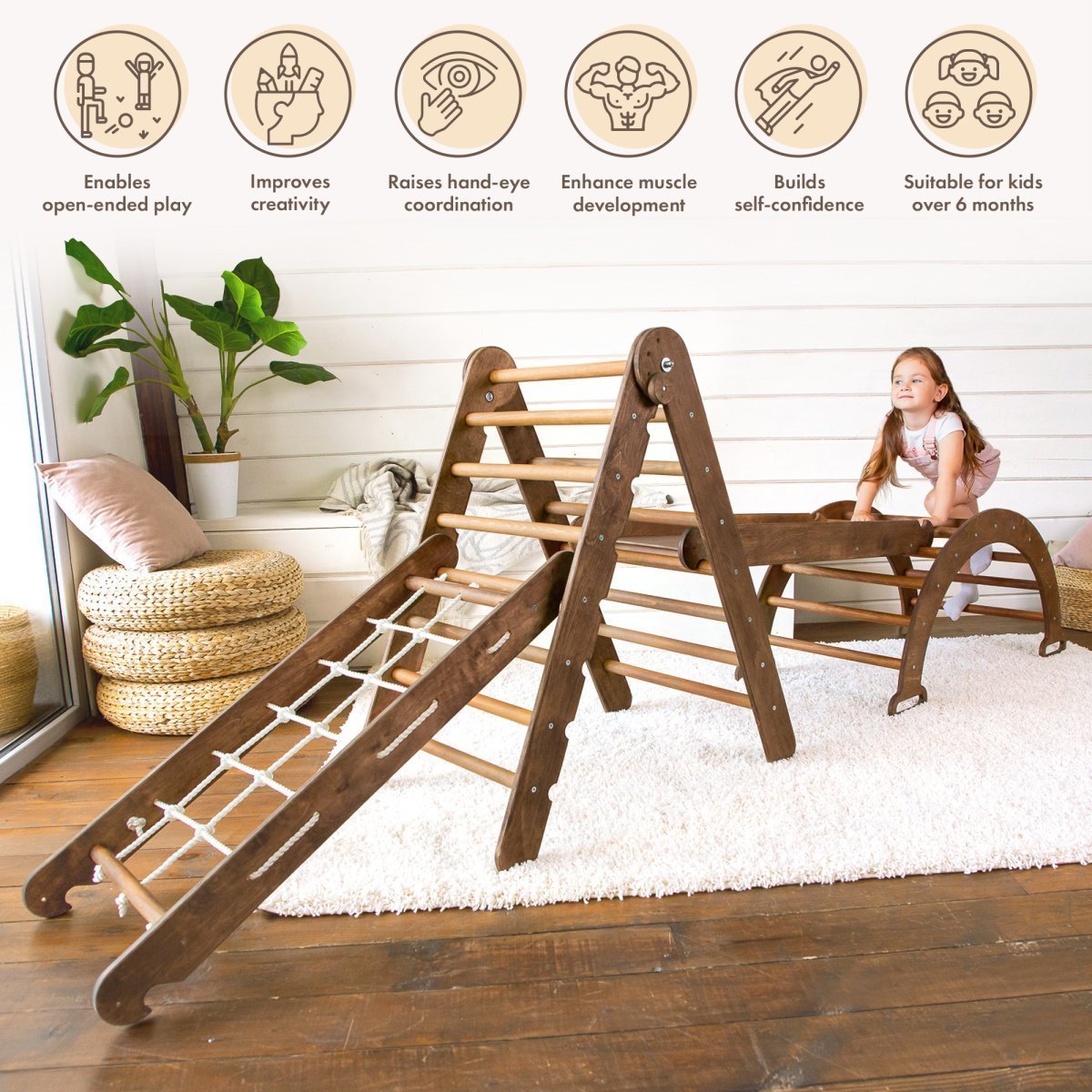 4in1 Montessori Climbing Set: Triangle Ladder + Arch/Rocker + Slide Board/Ramp + Net – Chocolate by Goodevas - Mothership Milk