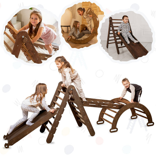 4in1 Montessori Climbing Set: Triangle Ladder + Arch/Rocker + Slide Board/Ramp + Net – Chocolate by Goodevas - Mothership Milk